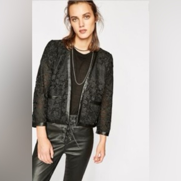 The Kooples Jackets & Blazers - The Kooples Black Lace Cropped Blazer Leather Trim Size 36